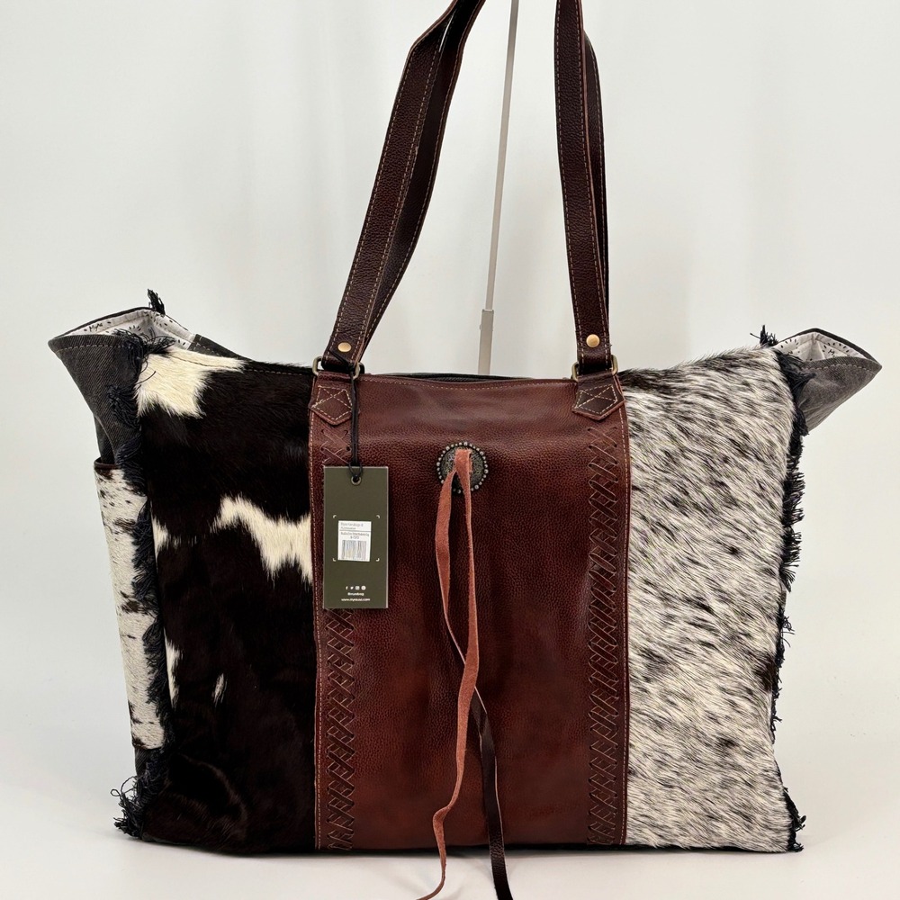 Myra Cowhide Leather Tote Bag Western Boho Shoulder Bag Carryall Weekender Rosa